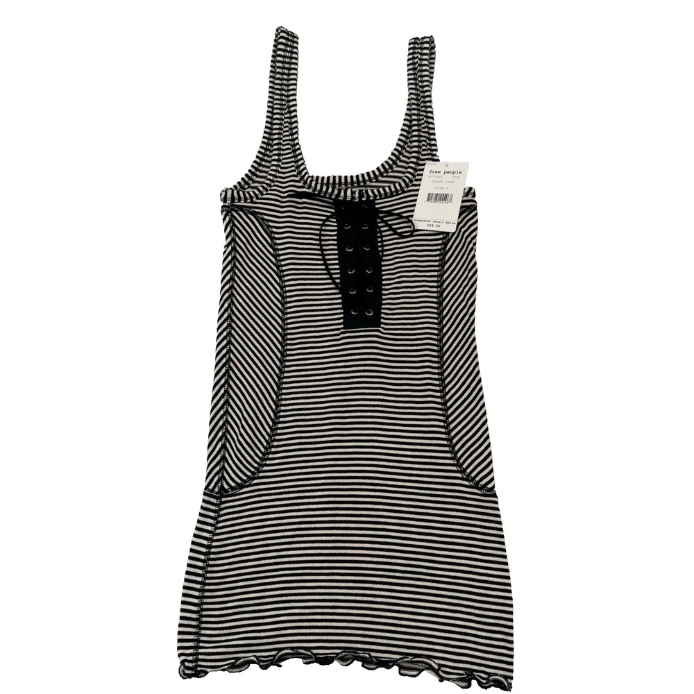 Free People Striped Lace Up Tank Top Black White Lettuce Hem E175U401 Size S